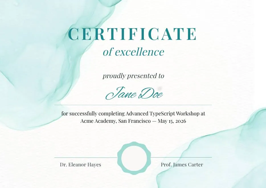 Teal Watercolor Elegant Certificate of Excellence