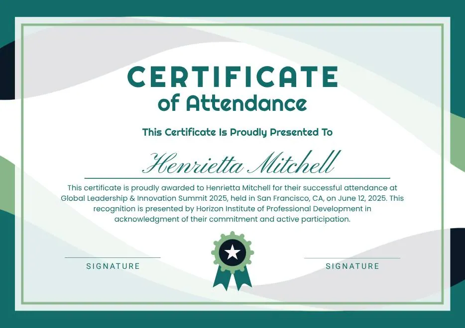 White and Green Minimalist Certificate of Attendance