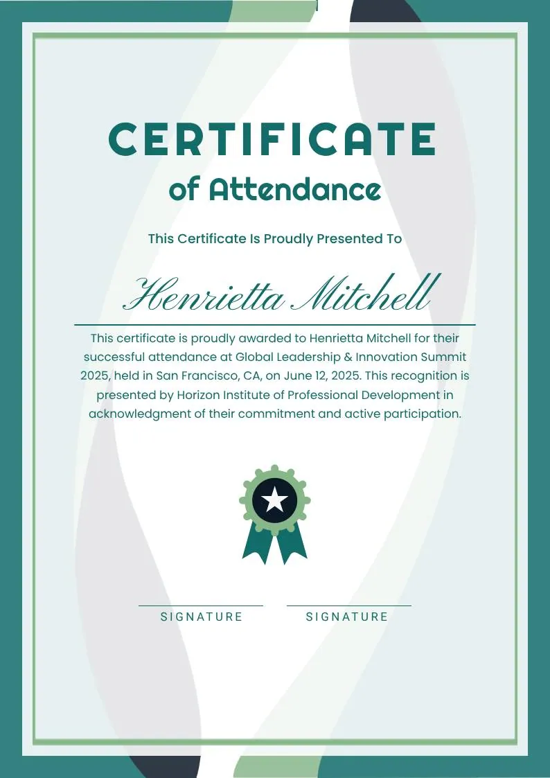 White and Green Minimalist Certificate of Attendance — portrait preview