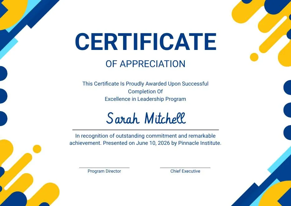 Yellow and Blue Modern Certificate of Appreciation