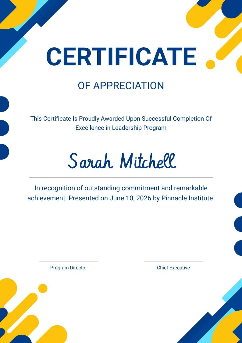 Yellow and Blue Modern Certificate of Appreciation — portrait preview