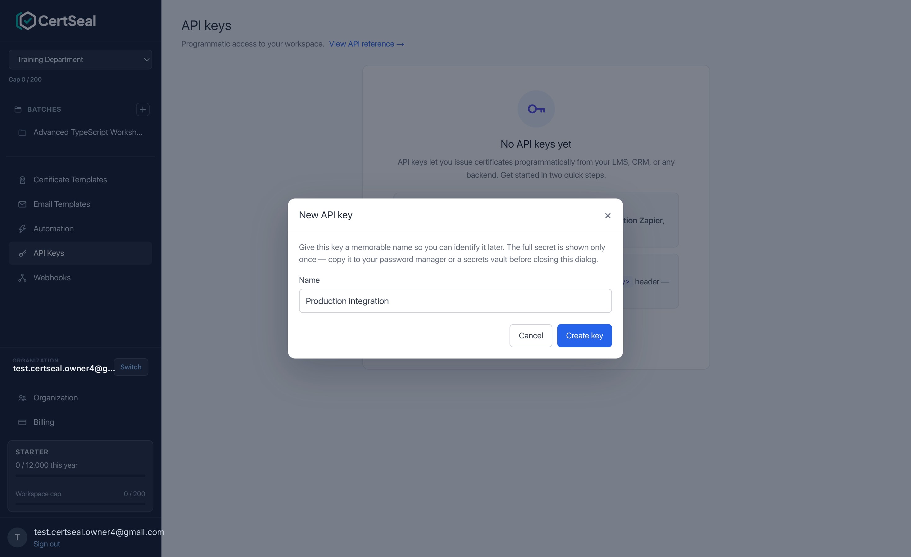 The New API key dialog with a name field and a Create key button
