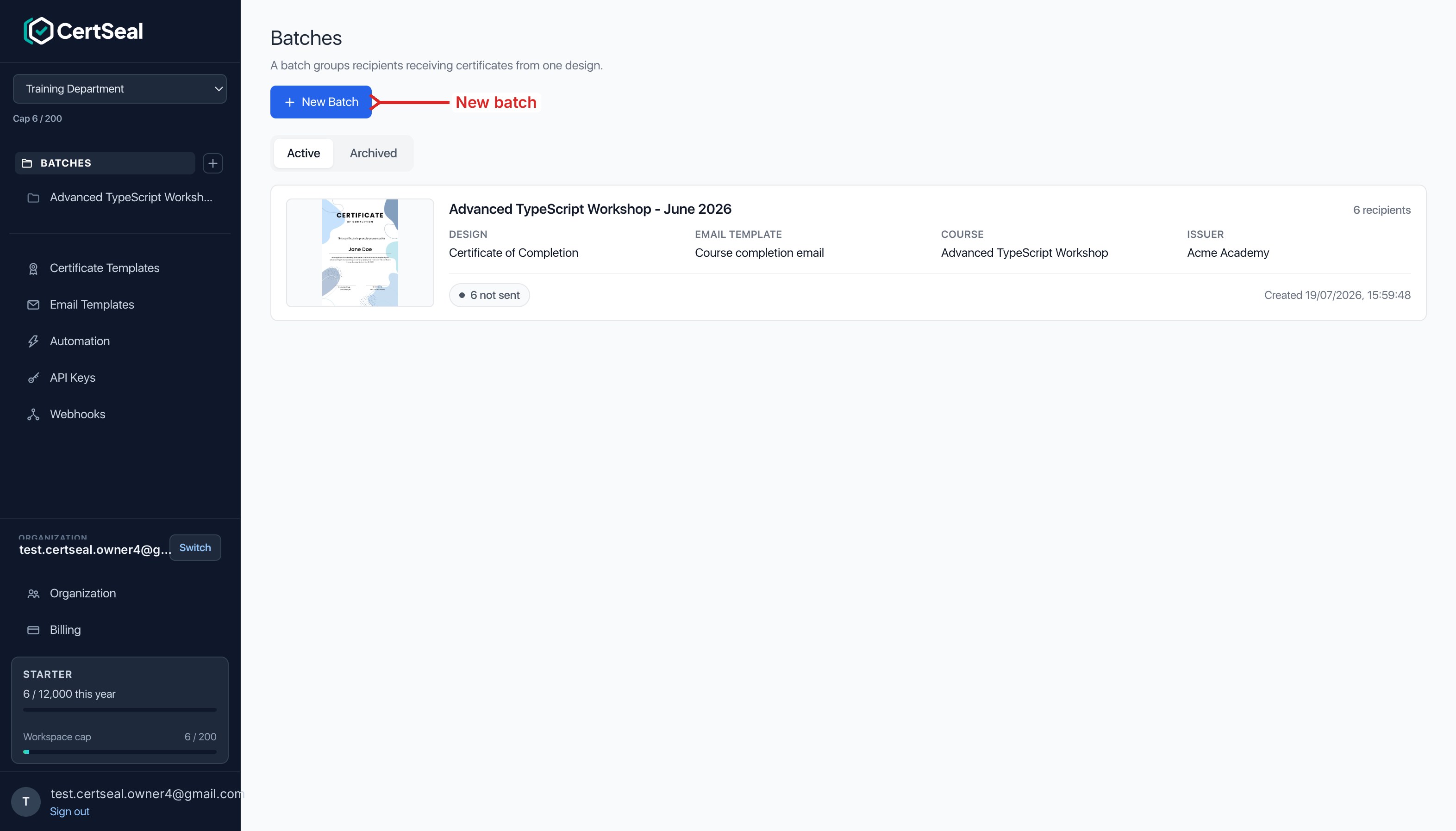 The CertSeal Batches page listing a batch with its design, email template, course, issuer, and recipient count, with a red arrow pointing to the New Batch button