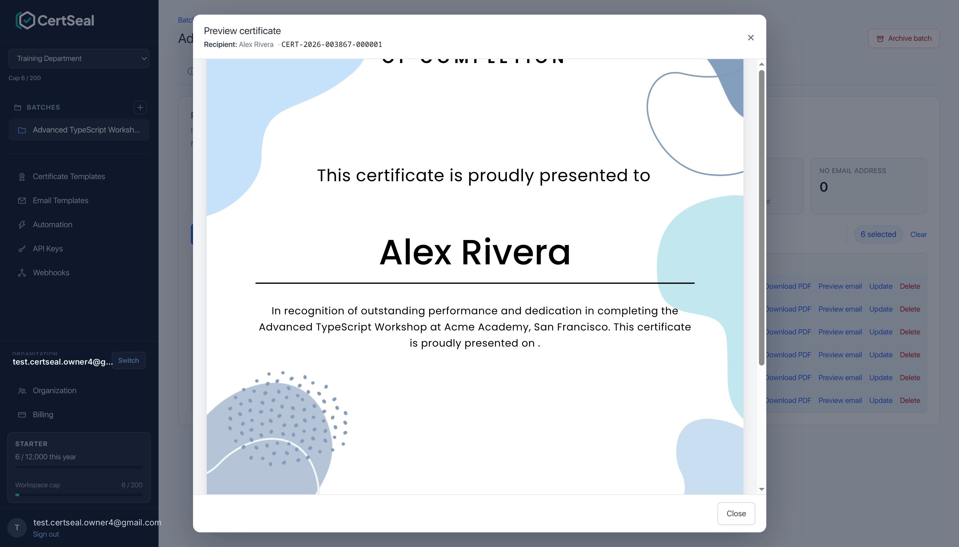 A certificate preview showing a recipient's name merged into the certificate design