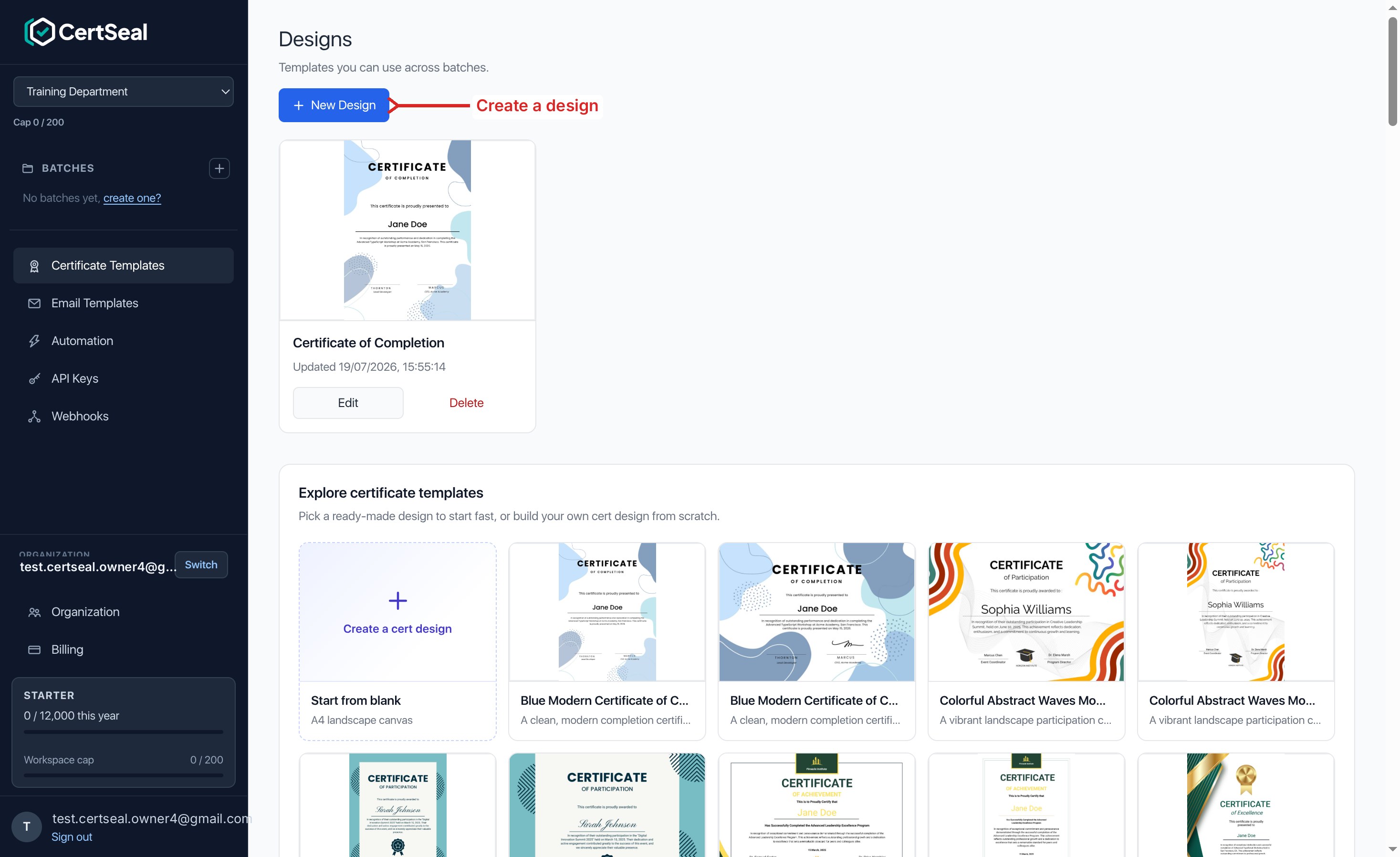The CertSeal Certificate Templates page showing a saved design and a gallery of ready-made templates below, with a red arrow pointing to the New Design button
