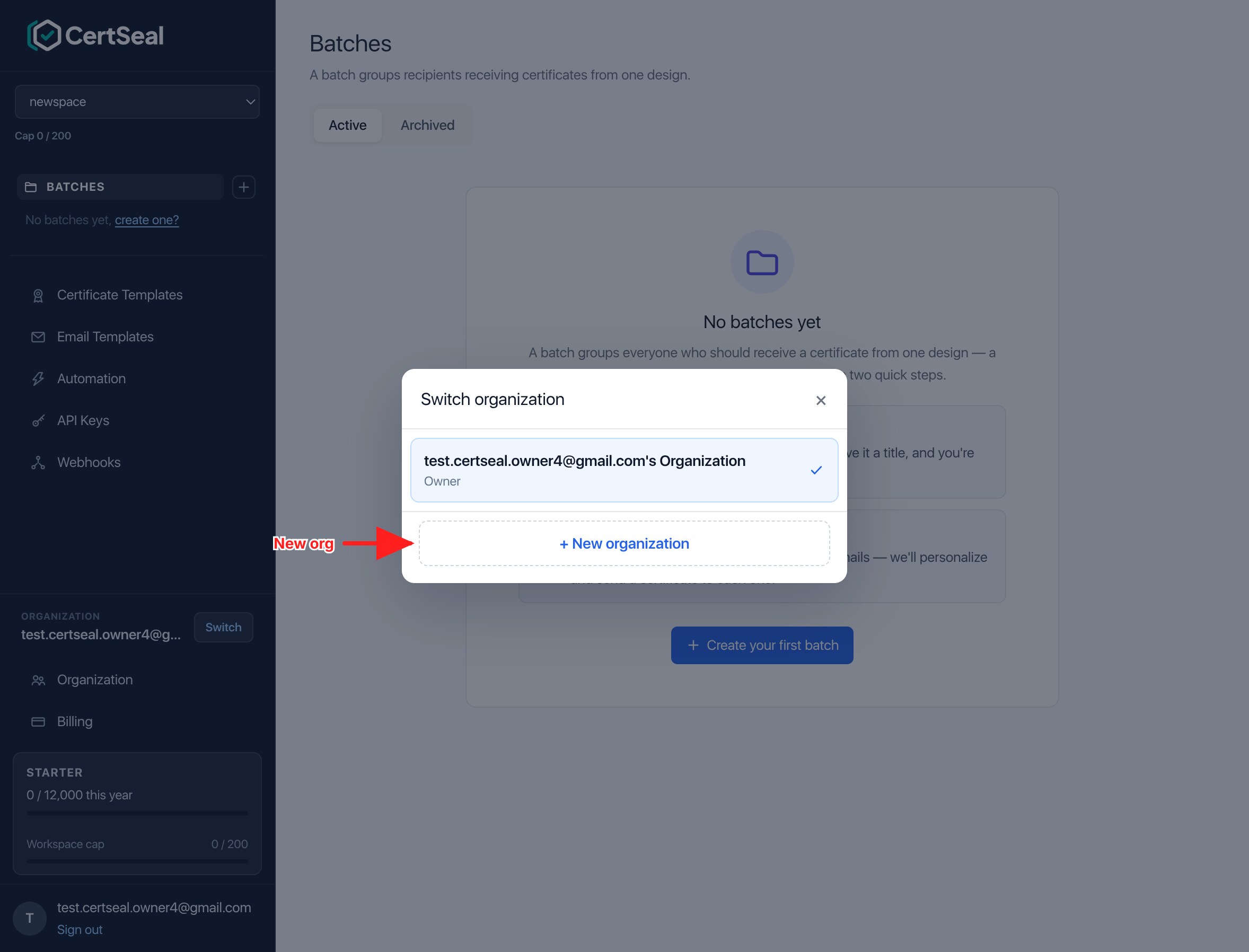 Switch organization dialog listing organizations with role badges and a New organization button