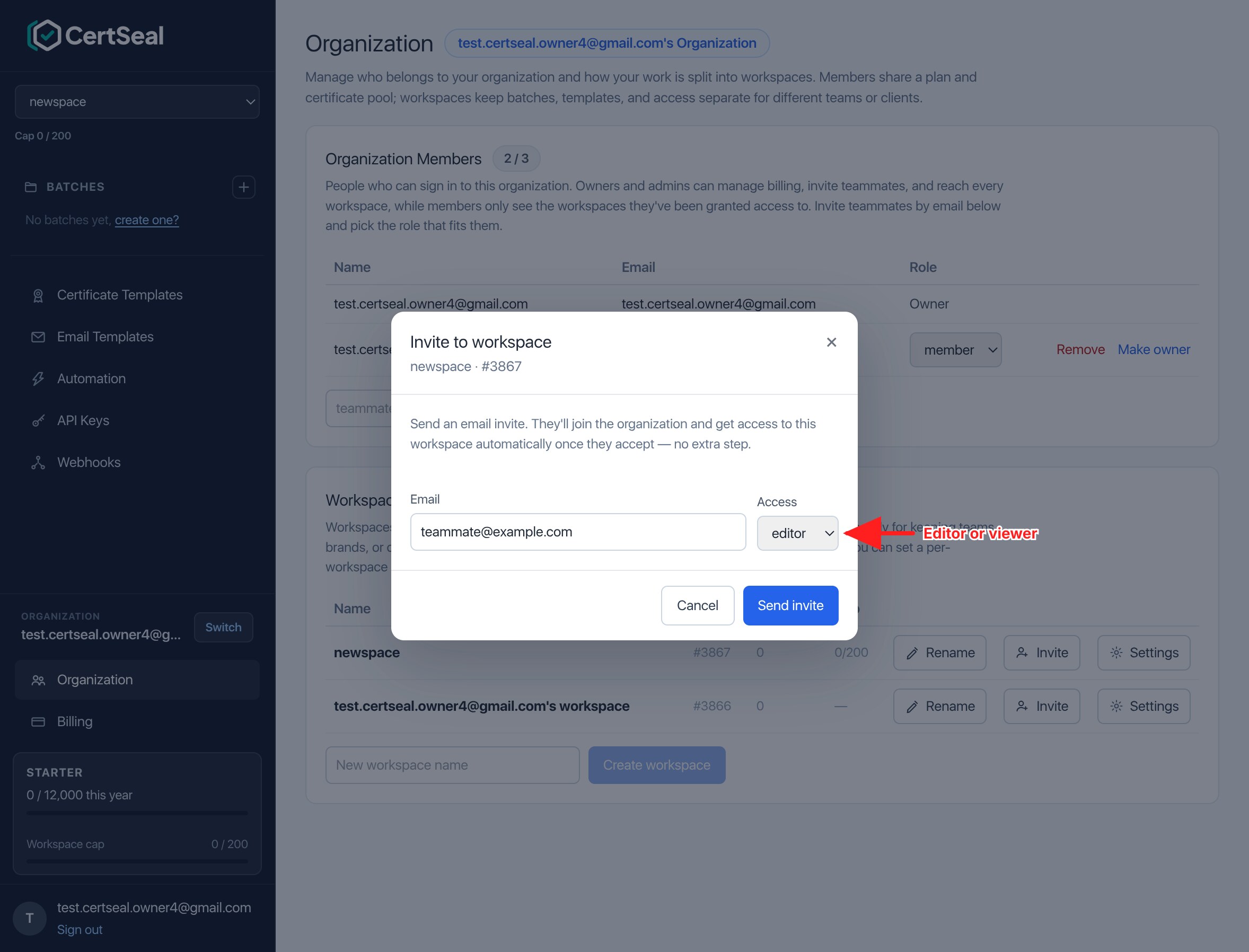 Invite to workspace dialog with an email field and an Access dropdown set to editor