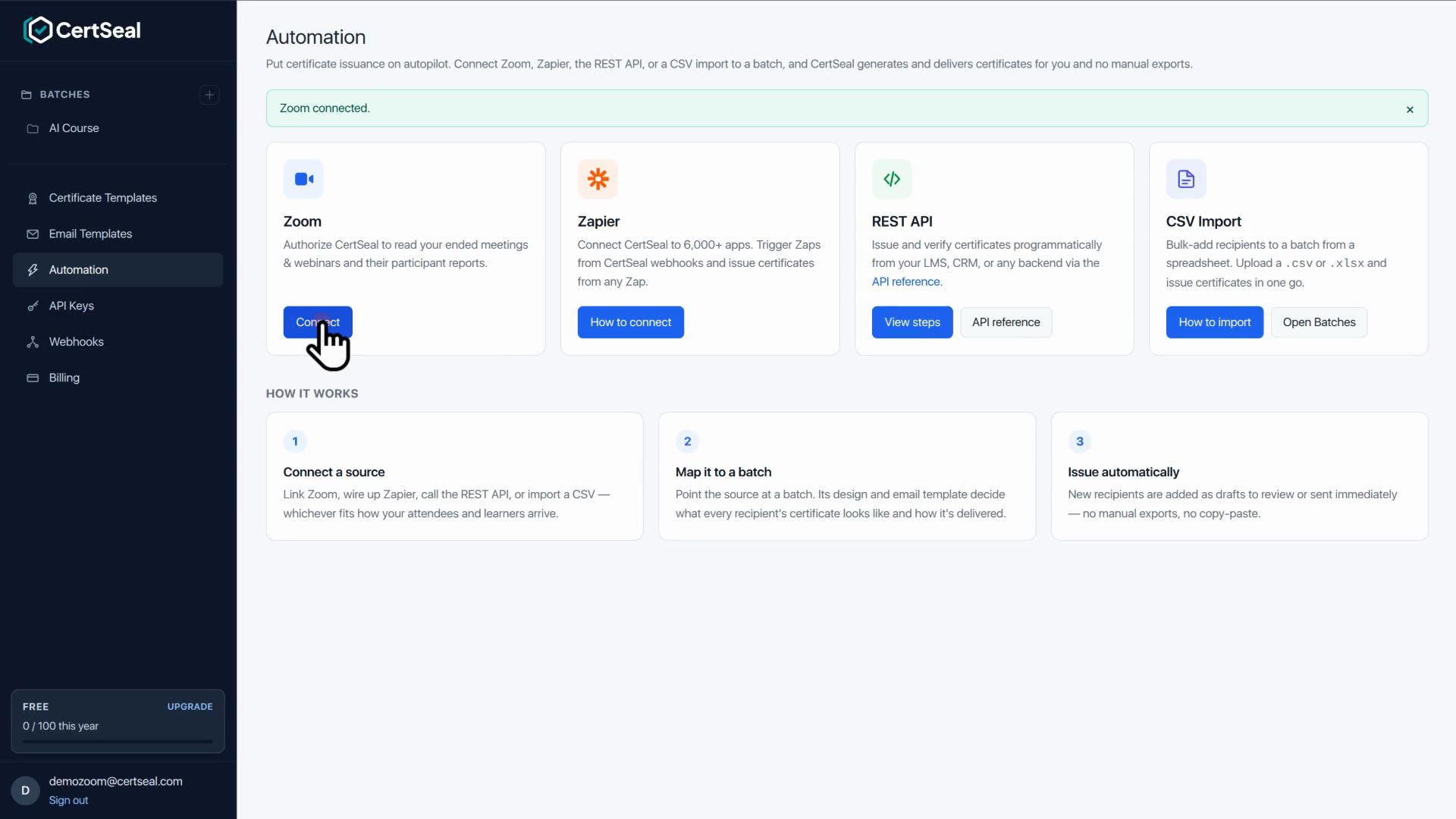 CertSeal Automation page showing Zoom, Zapier, REST API, and CSV Import options