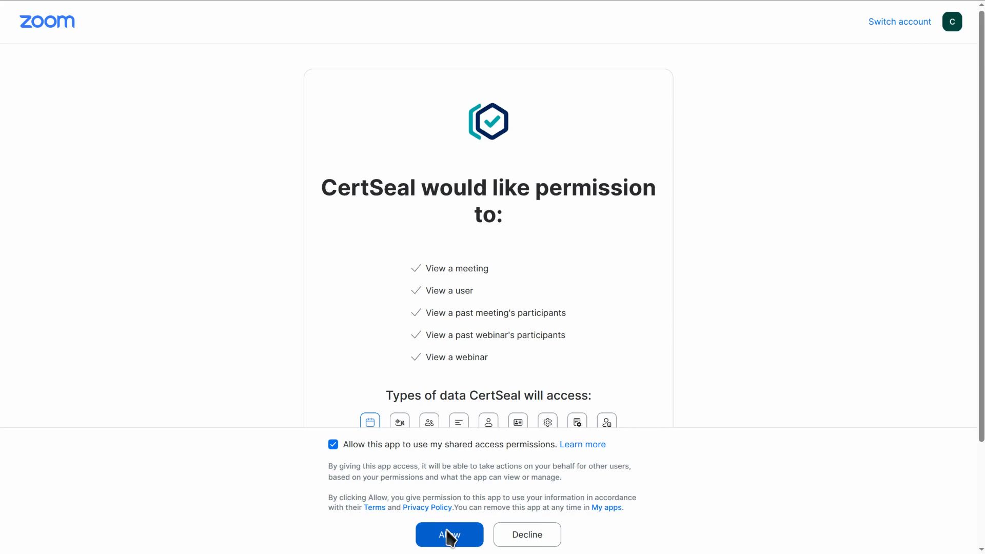 Zoom OAuth consent screen listing the permissions CertSeal requests