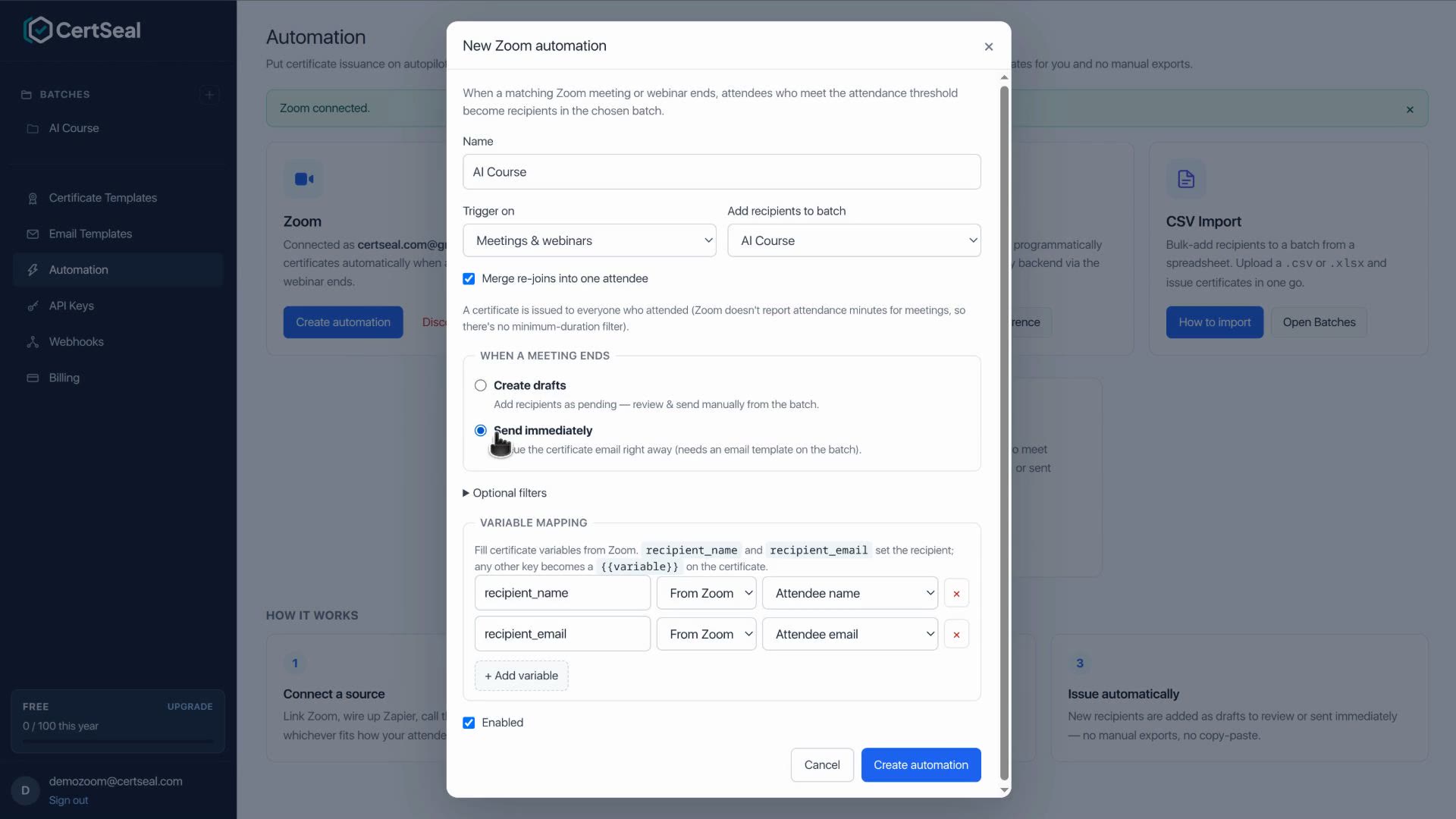 Draft versus send-immediately options in the Zoom automation dialog