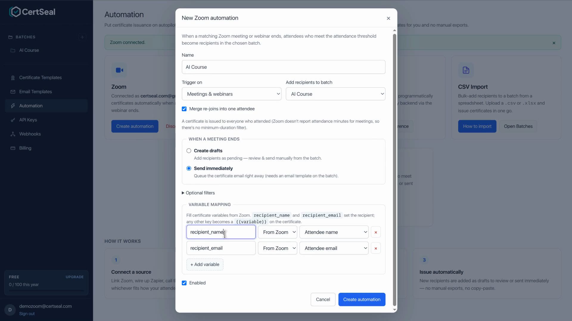 Variable mapping section linking Zoom attendee fields to certificate variables